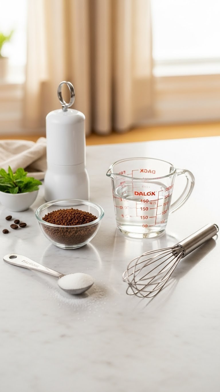 Whipped Coffee TikTok: 7 Steps for Perfect Fluffy Foam 1 Flat lay arrangement of Dalgona coffee ingredients including instant coffee, sugar, hot water, and whisk on marble countertop with soft natural lighting.