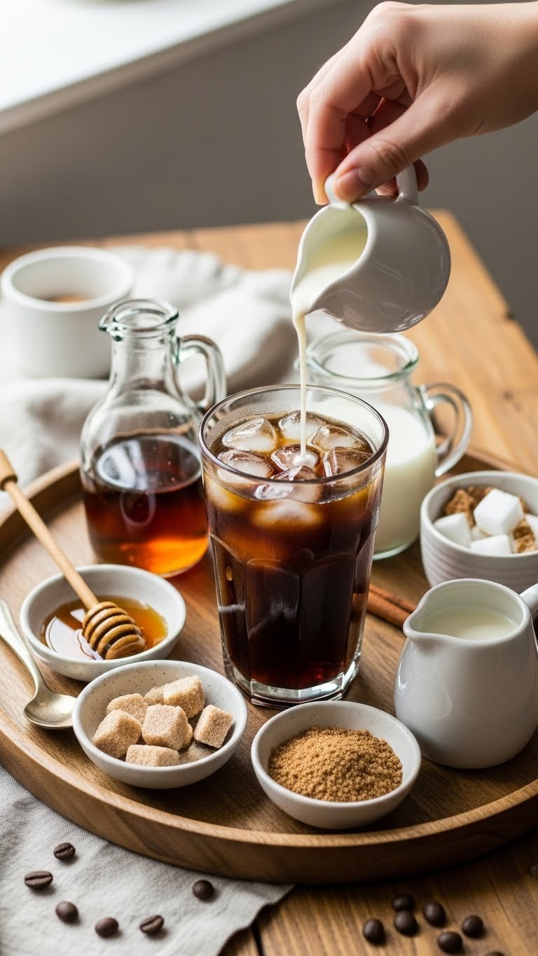 Flat lay arrangement of iced cold brew glass with sweeteners and creamers on rustic wooden tray.