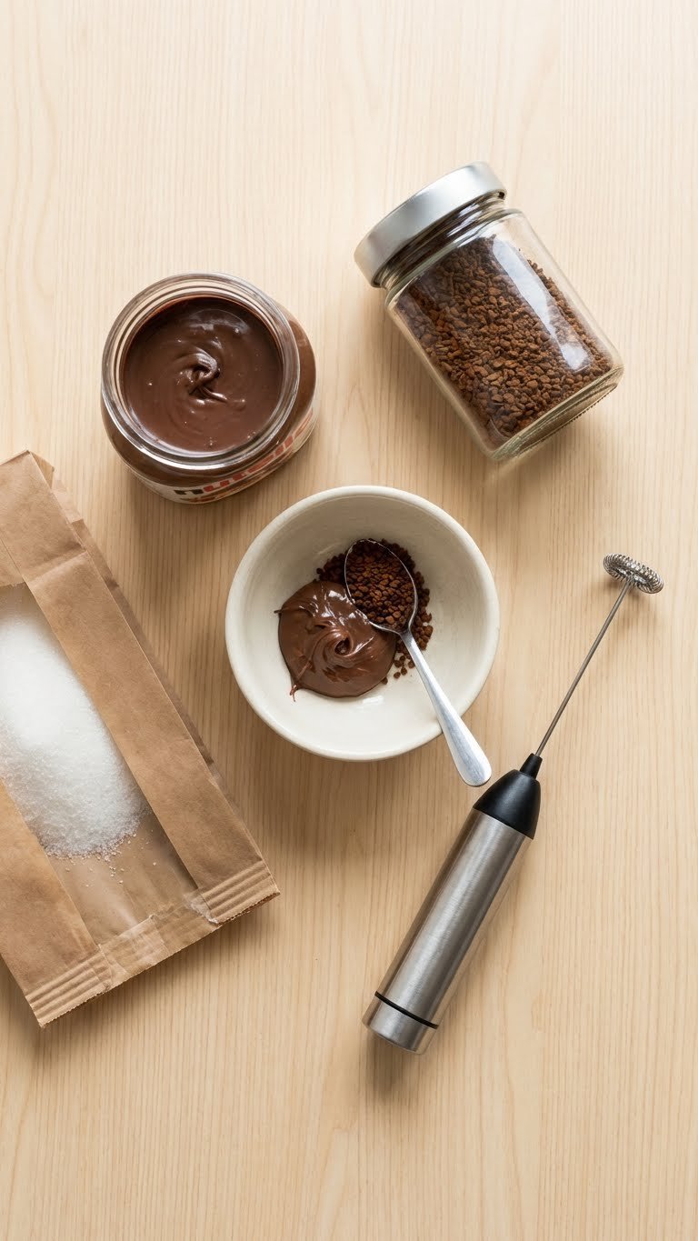 Nutella Whipped Coffee Recipe Easy Fluffy Cafe Style Guide 13 Flat lay of Nutella whipped coffee ingredients including Nutella jar, instant coffee, sugar, and frother