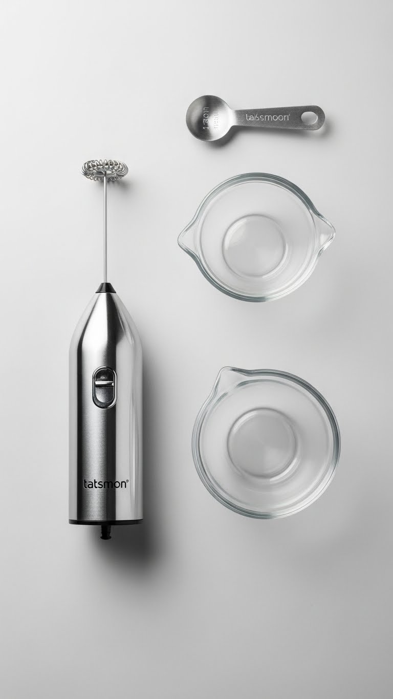 Vietnamese Whipped Coffee Easy Authentic Recipe Guide 11 Flat lay of essential whipped coffee tools: electric milk frother, glass mixing bowl, and tablespoon on a gray surface.