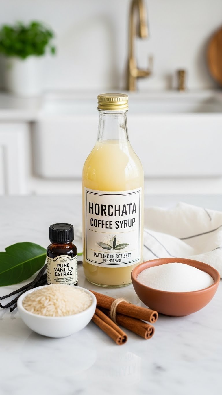 Flat lay of horchata syrup ingredients including uncooked rice, cinnamon sticks, vanilla extract, and sugar arranged on marble countertop