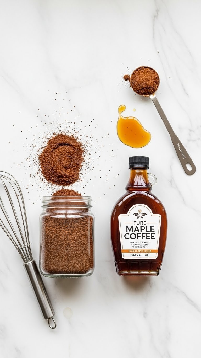Whipped Coffee Maple Syrup Complete Creamy Recipe Guide 3 Flat lay of instant coffee granules and maple syrup bottle with spilled ingredients on white marble countertop