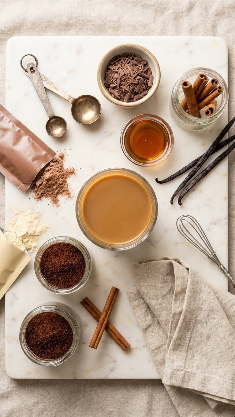 Make Protein Coffee At Home: Foolproof No-Clump Hot & Iced 7 Flat lay of protein coffee with customization ingredients like chocolate, vanilla beans, cinnamon, caramel, and powder on a wooden table.