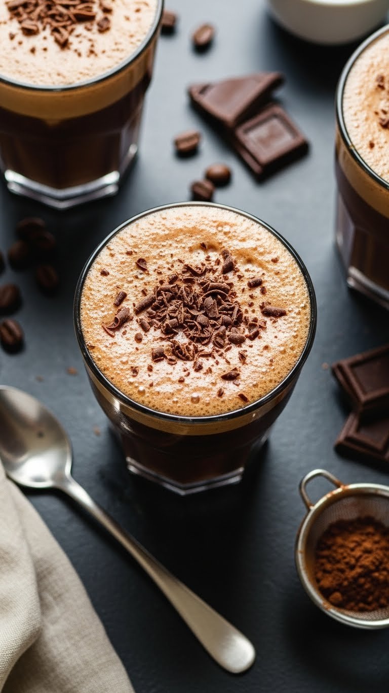 Protein Coffee Cold Foam: 7 Easy Homemade Recipes 5 Flat lay of rich chocolate dairy-free protein cold foam on iced coffee, chocolate shavings, coffee beans on dark stone.
