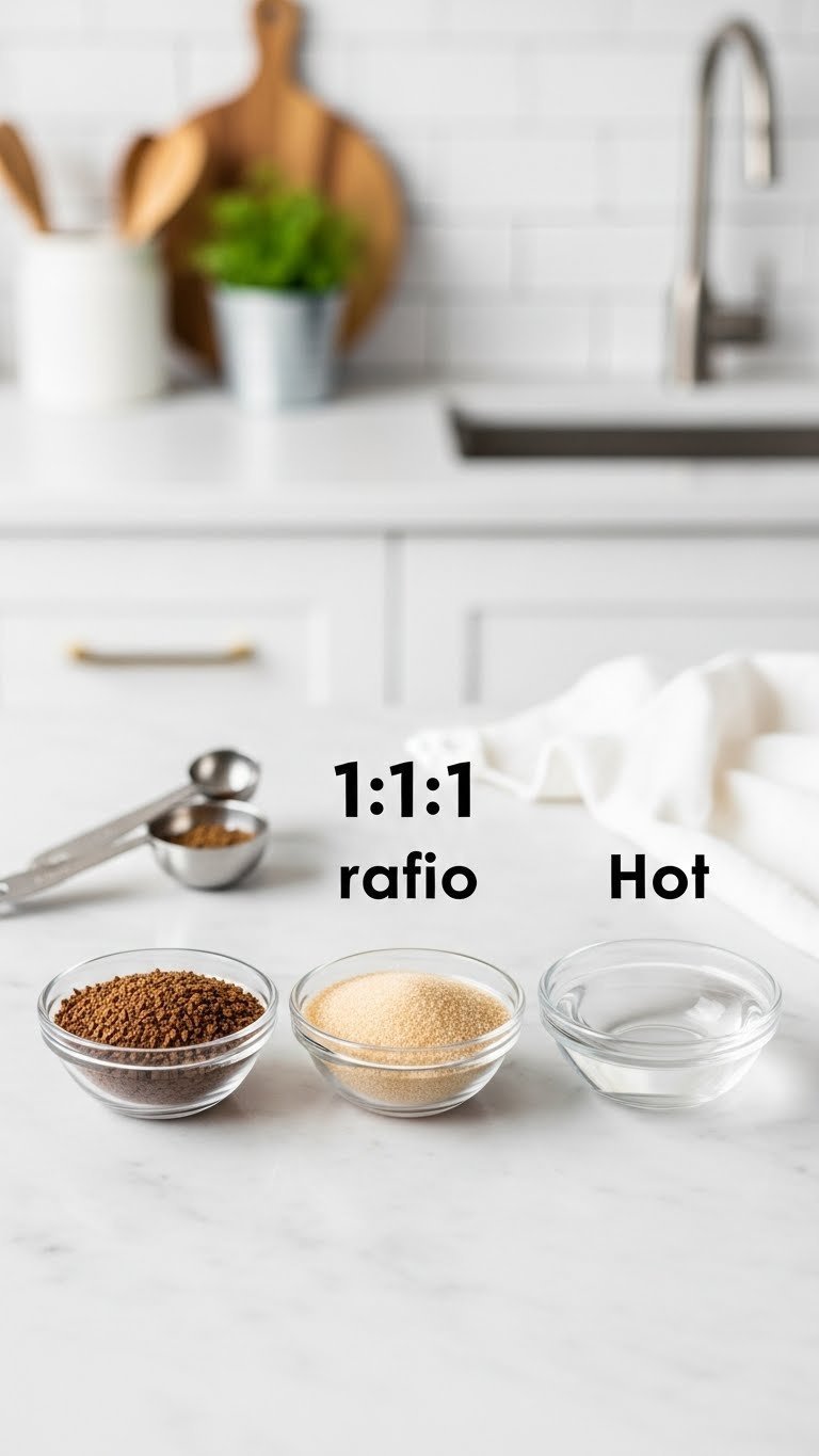 Homemade Lavender Whipped Coffee: 7 Easy Tips for Perfect Cream 3 Flat lay of three clear glass bowls with instant coffee, granulated sugar, and hot water for whipped coffee recipe.