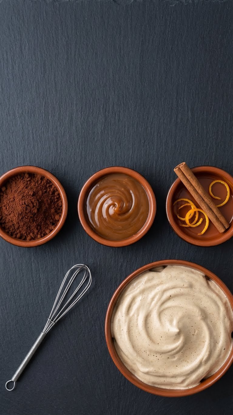 Flavor variation setup with cocoa powder, caramel sauce, and cinnamon stick for coffee frosting