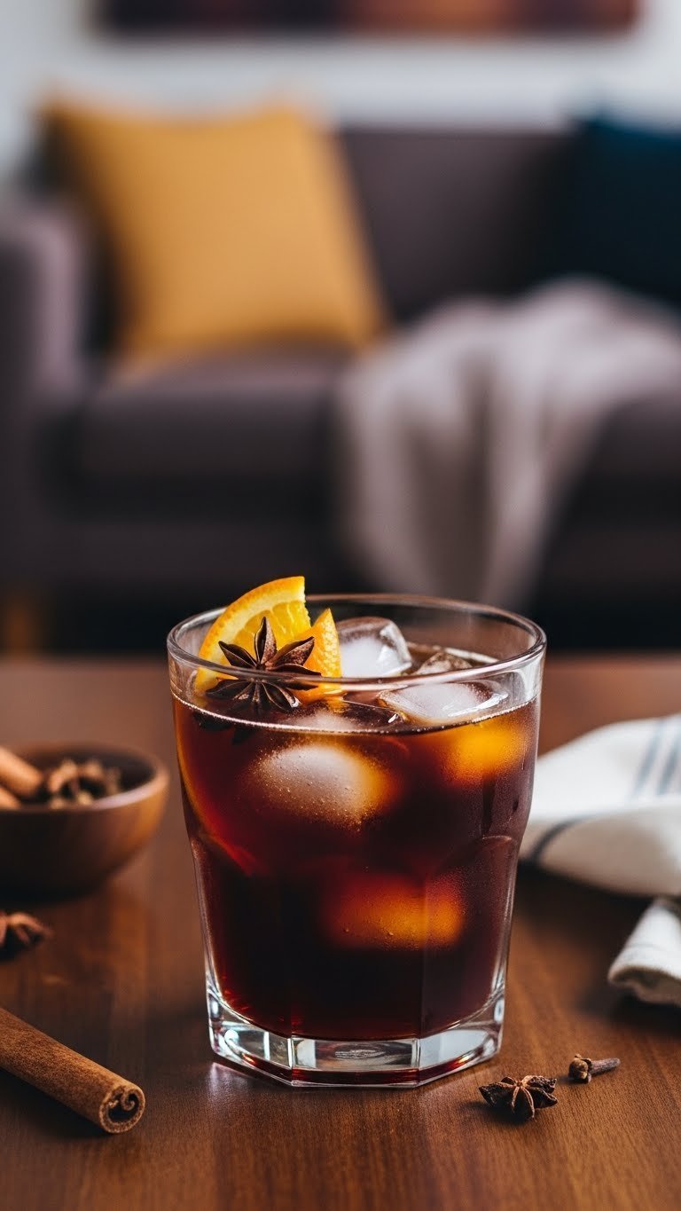 Flavored decaf iced coffee with orange peel and star anise floating in dark liquid on wood surface