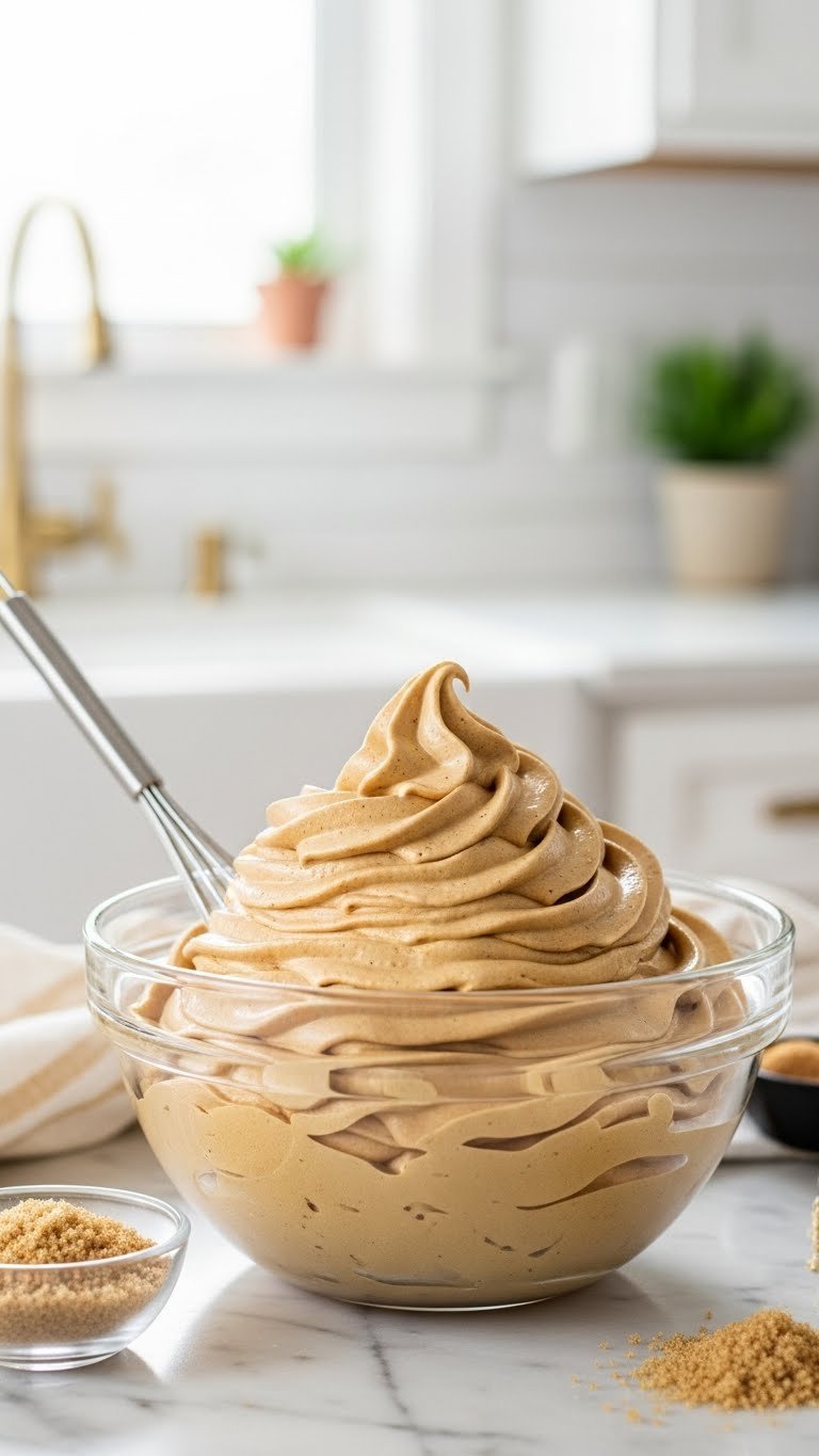 Fluffy brown sugar whipped coffee mixture in glass bowl with silver whisk on marble countertop in warm kitchen lighting