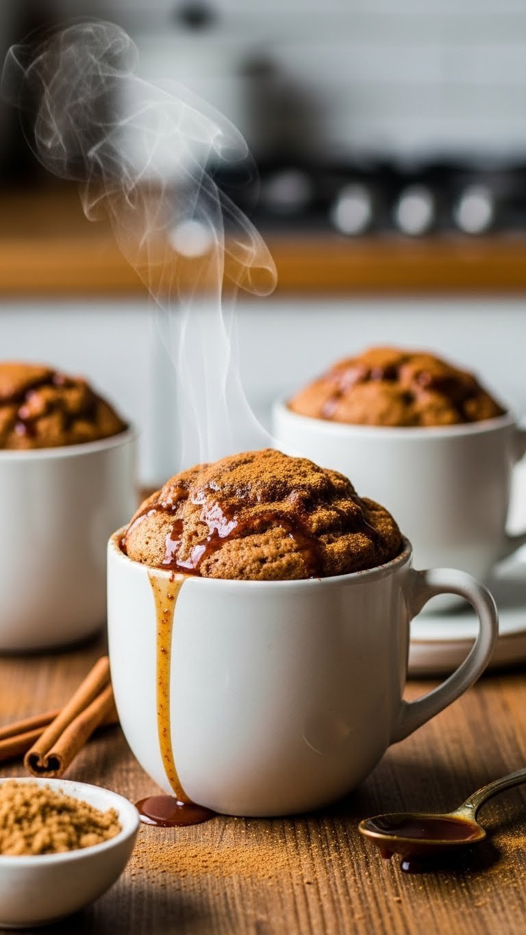 Fluffy cinnamon dolce protein mug cake with cinnamon, coffee glaze on rustic wood table. Cozy, autumnal dessert in soft light.