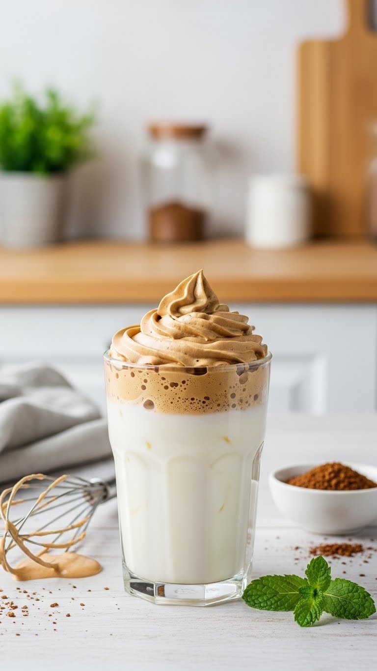 Fluffy dalgona whipped coffee in transparent glass with frothy coffee cloud over cold milk on light wooden table