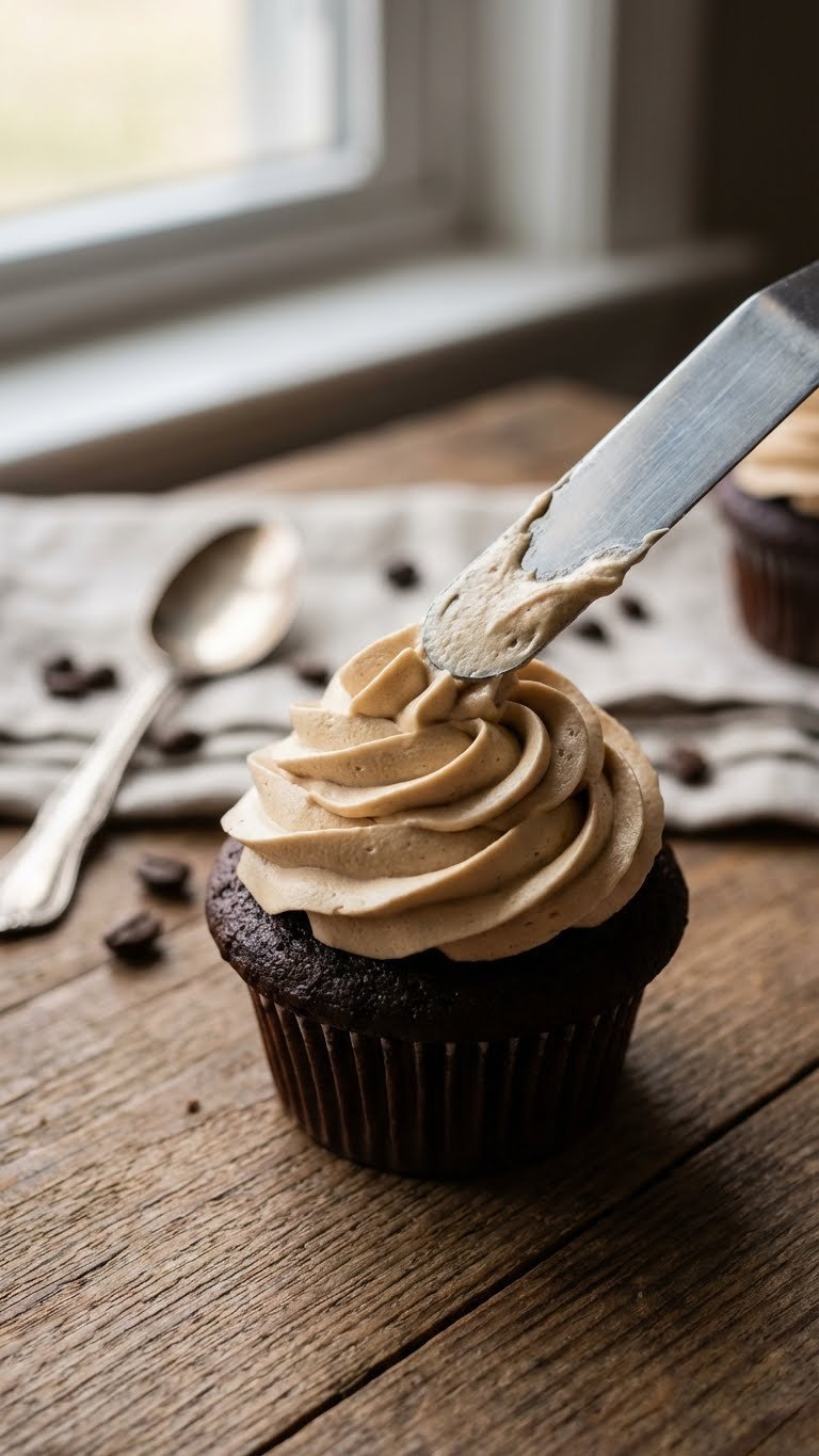 Whipped Coffee Frosting Recipe Easy Stable Fluffy Guide 1 Fluffy light-brown whipped coffee frosting being swirled onto chocolate cupcake with spatula on rustic wooden table