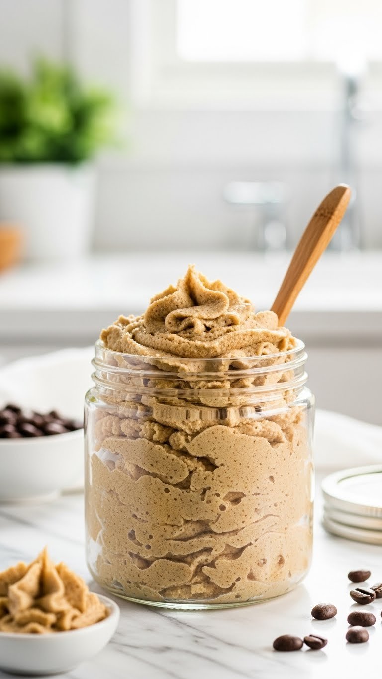 Whipped Coffee Sugar Scrub Recipe for Fluffy Luxurious Skin 1 Fluffy light-brown whipped coffee sugar scrub in clear glass jar with wooden spoon and coffee beans on white marble countertop.