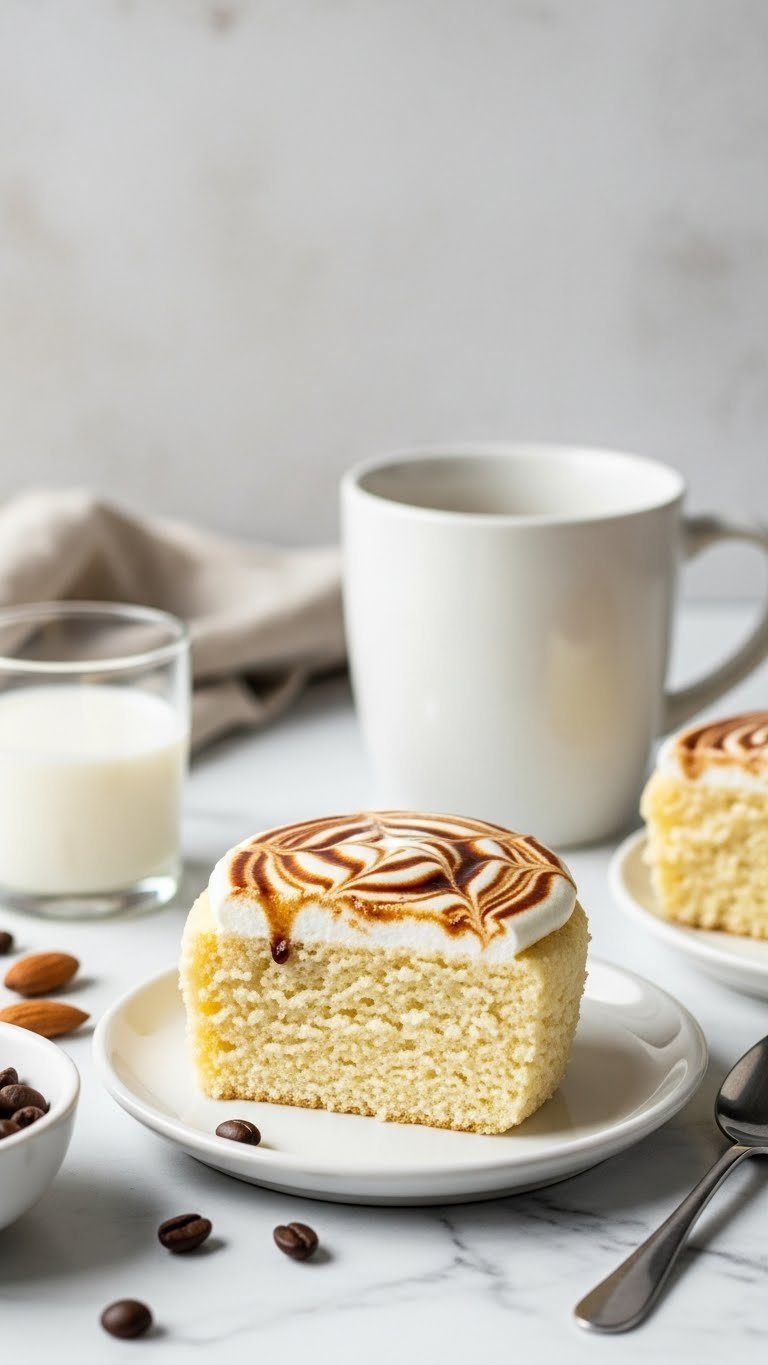 Fluffy vanilla protein mug cake with coffee glaze latte swirl on marble, coffee beans, almond milk. Bright, clean aesthetic.