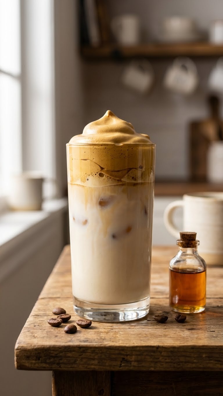 Fluffy vanilla whipped coffee in a tall glass with distinct layers over iced milk on a rustic wooden table with coffee beans