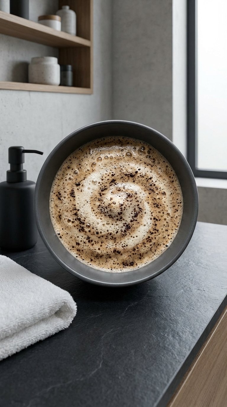 Whipped Coffee Sugar Scrub Recipe for Fluffy Luxurious Skin 5 Foaming whipped coffee scrub with lather in dark grey bowl with black soap dispenser on slate bathroom surface.