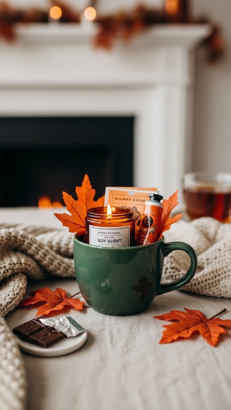 Forest green ceramic mug with fall-scented candle, gourmet tea bags, and hand cream nestled among autumn leaves on linen tablecloth.