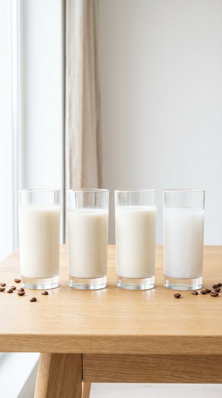 Vegan Whipped Coffee Recipe for Fluffy Dairy Free Perfection 7 Four tall glasses lined up with different plant-based milks including oat, almond, soy, and coconut varieties