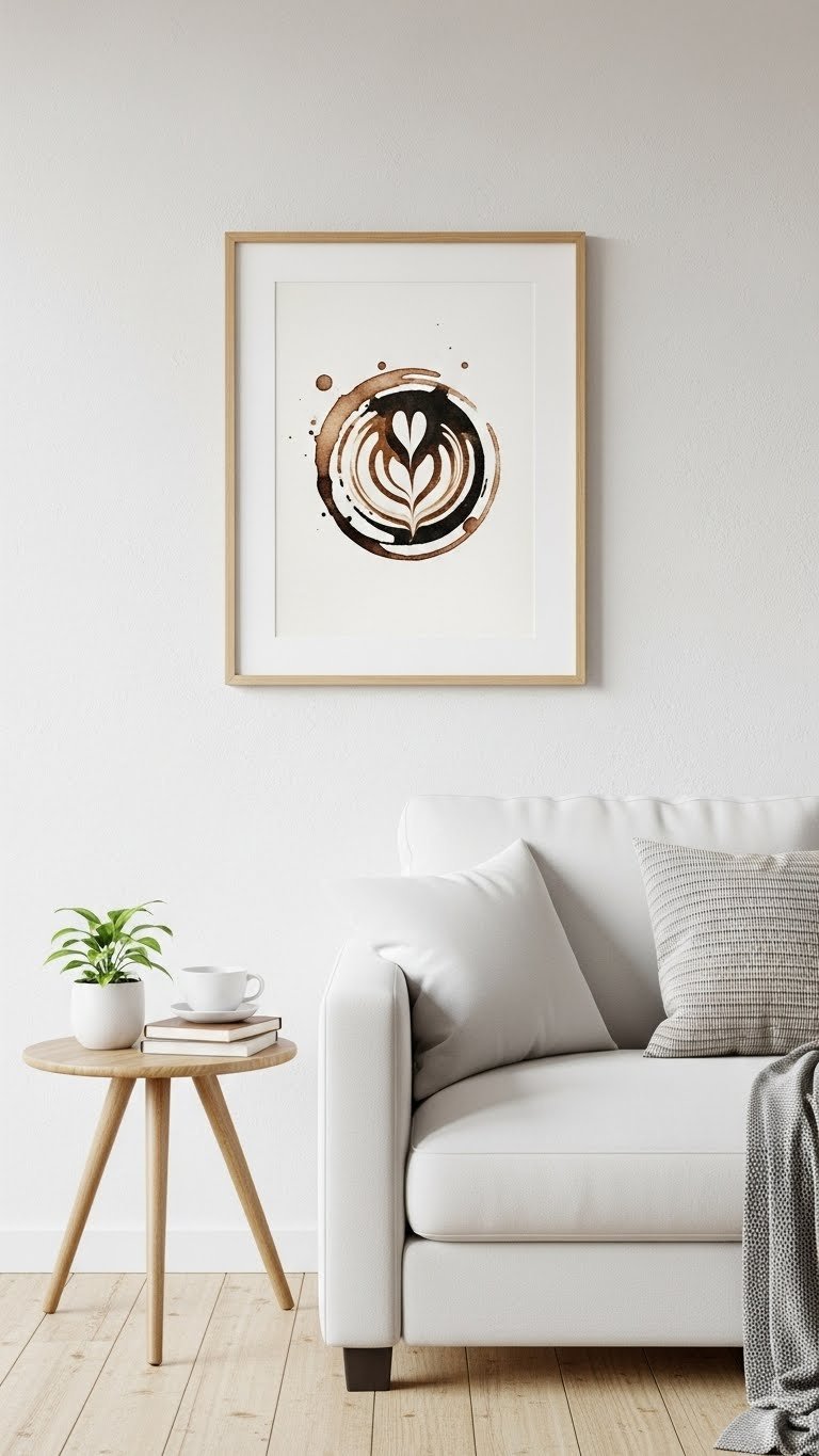 Framed coffee stain artwork with sepia tones hanging on textured white wall in modern living room interior.