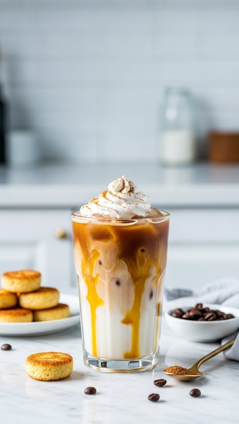 French Toast Iced Latte in tall glass with espresso layers, whipped cream, and cinnamon on marble countertop