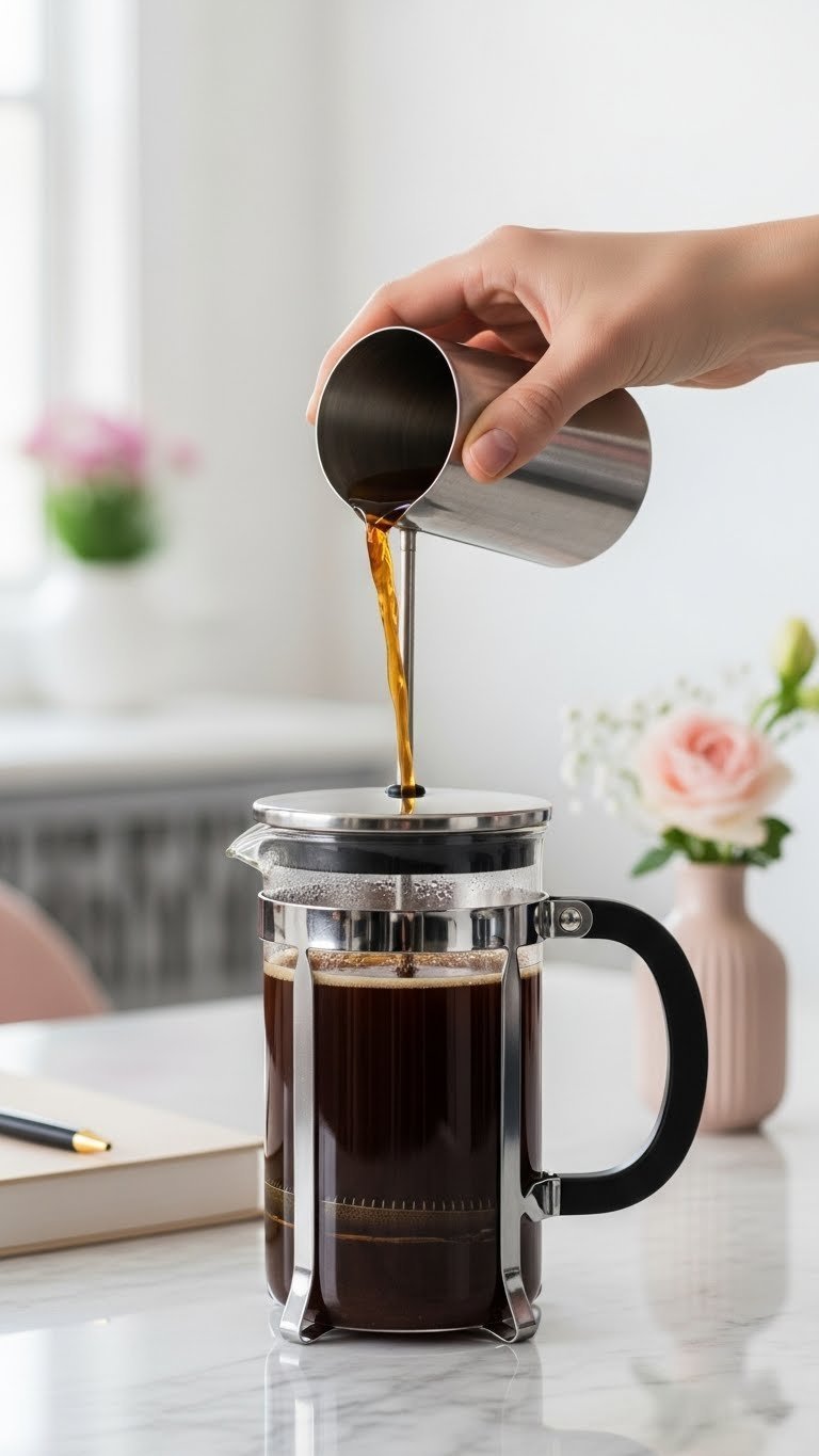 French press black coffee with plunger partially depressed on polished marble countertop in elegant home office setting