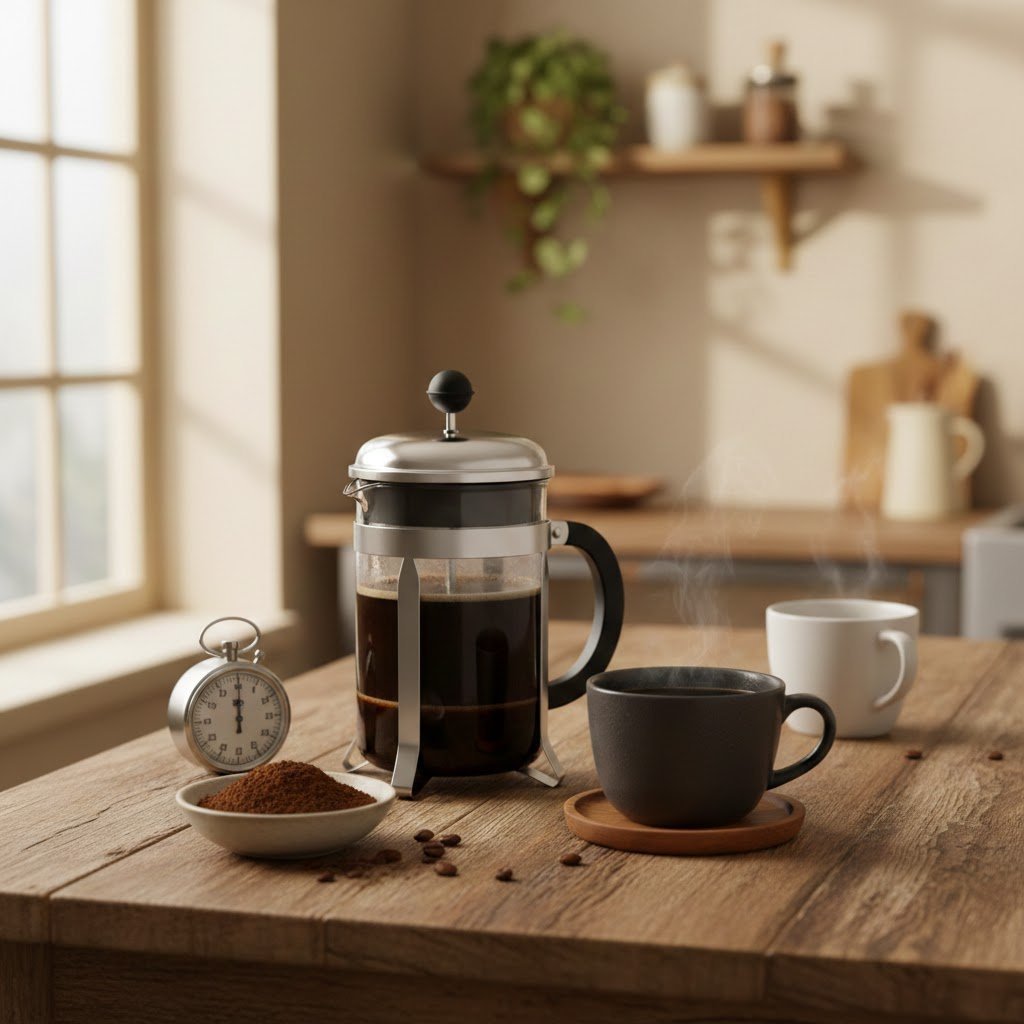 French press brewing dark black coffee with plunger fully depressed on rustic wooden table setup