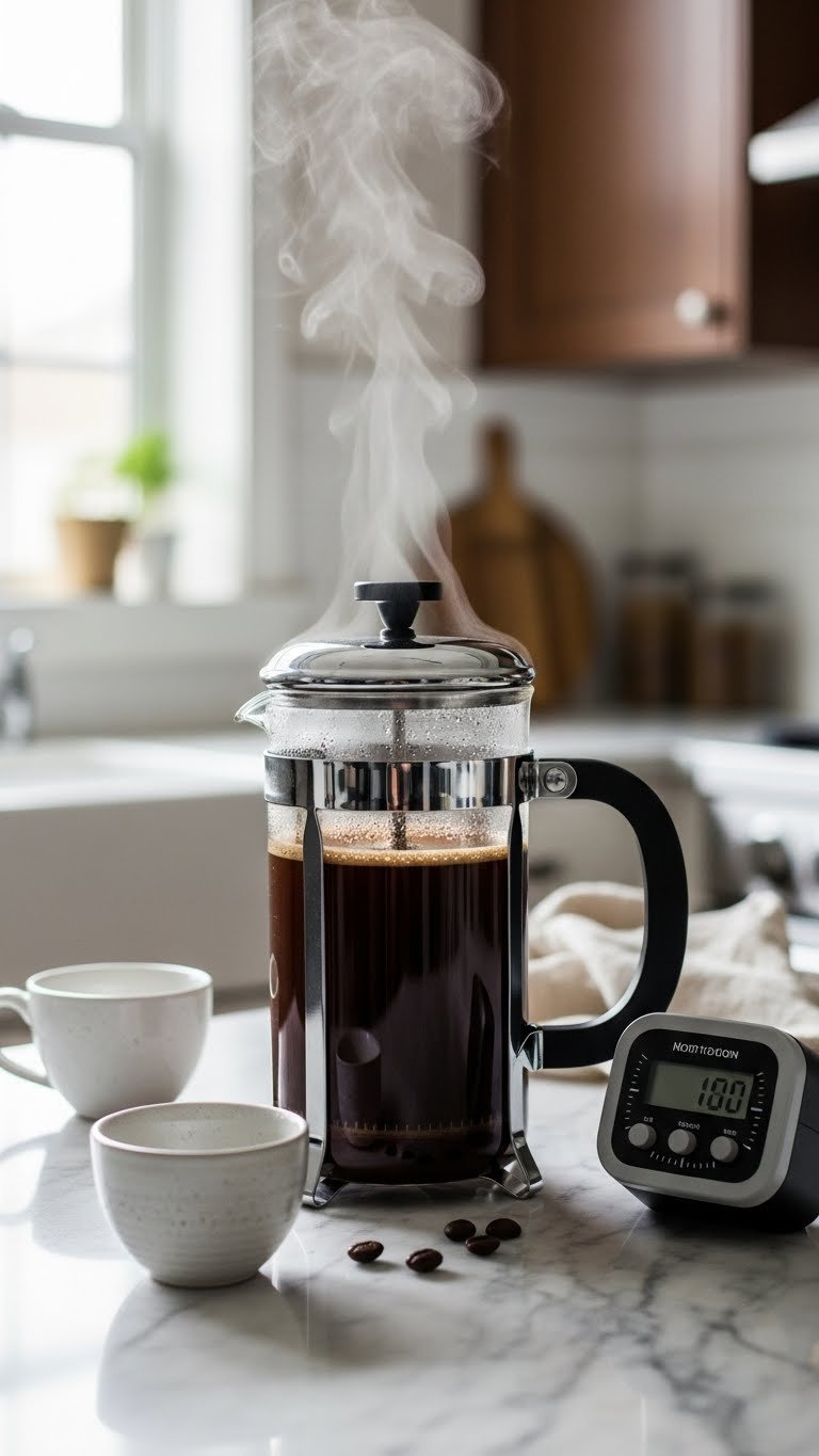 French press filled with steeping black coffee with plunger resting above water level and kitchen timer nearby