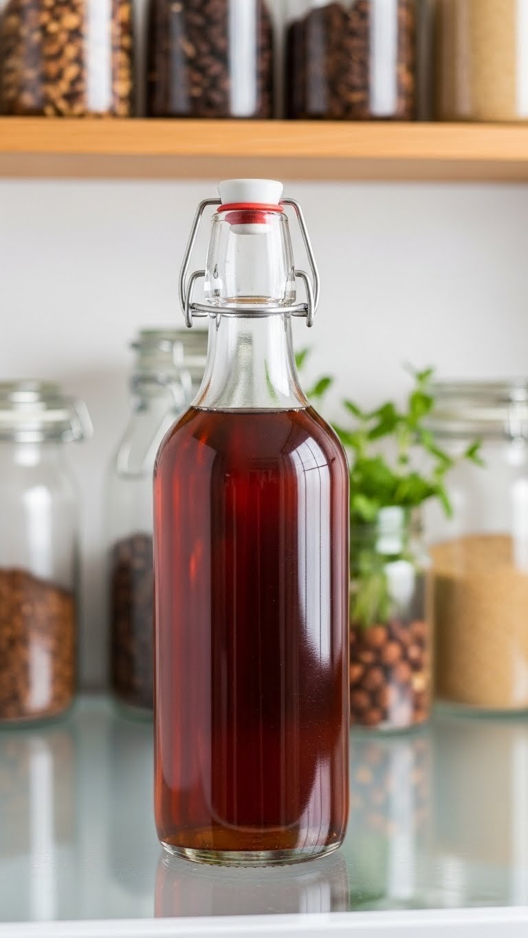 Fresh amber hazelnut syrup in elegant glass bottle with cork stopper on light wood pantry shelf