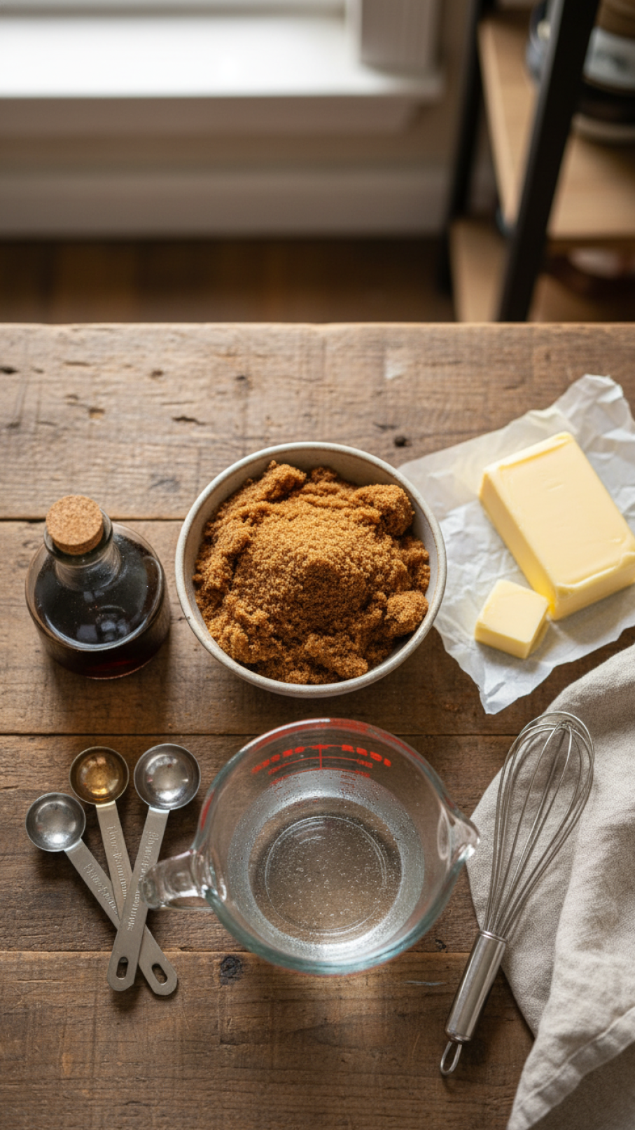 Fresh baking ingredients including dark brown sugar, unsalted butter, vanilla extract, and water arranged on rustic wooden table in top-down flat lay composition