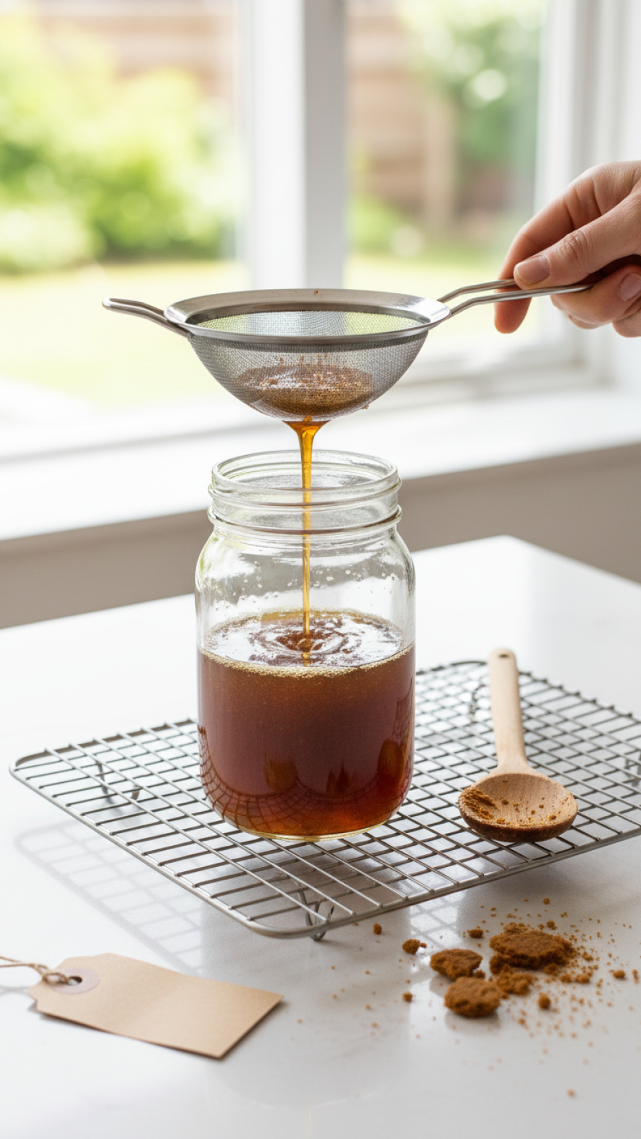 Fresh biscoff coffee syrup being strained through fine-mesh sieve into clear glass jar on white kitchen counter