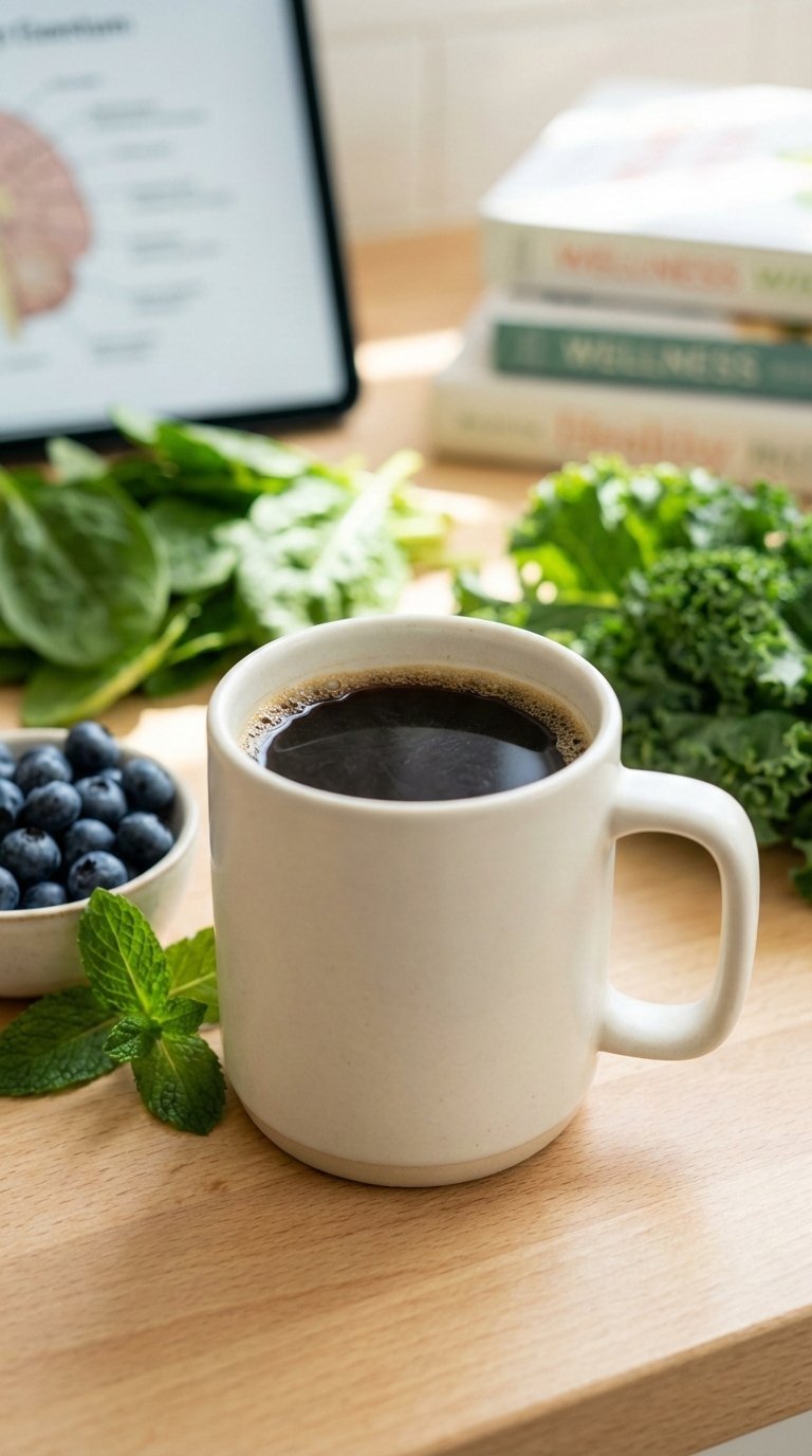 Black Coffee Benefits: Unlock 7 Essential Health Advantages 5 Fresh black coffee mug amidst greenery and subtle health-related wellness environment