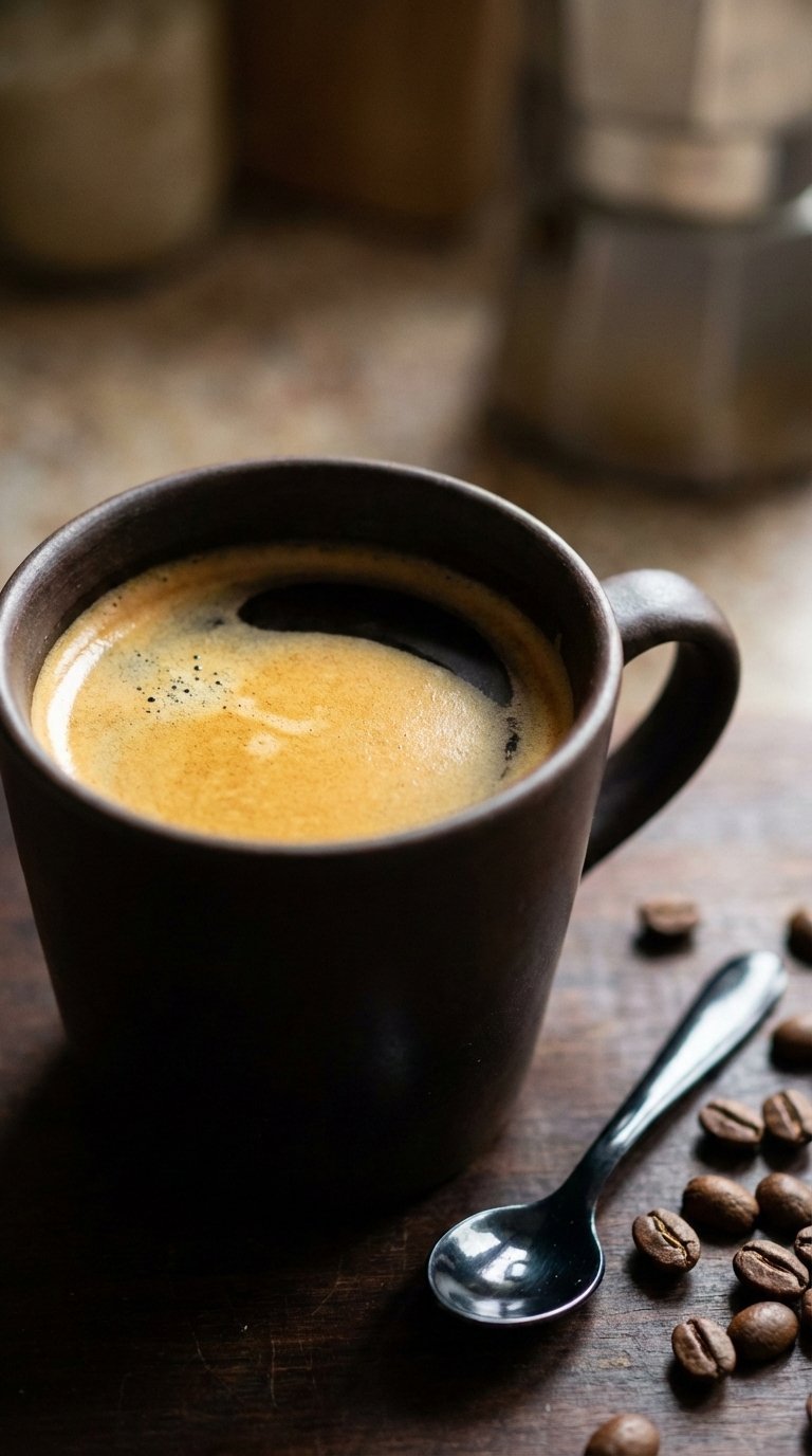 Fresh black coffee with golden crema layer in dark ceramic mug surrounded by roasted coffee beans