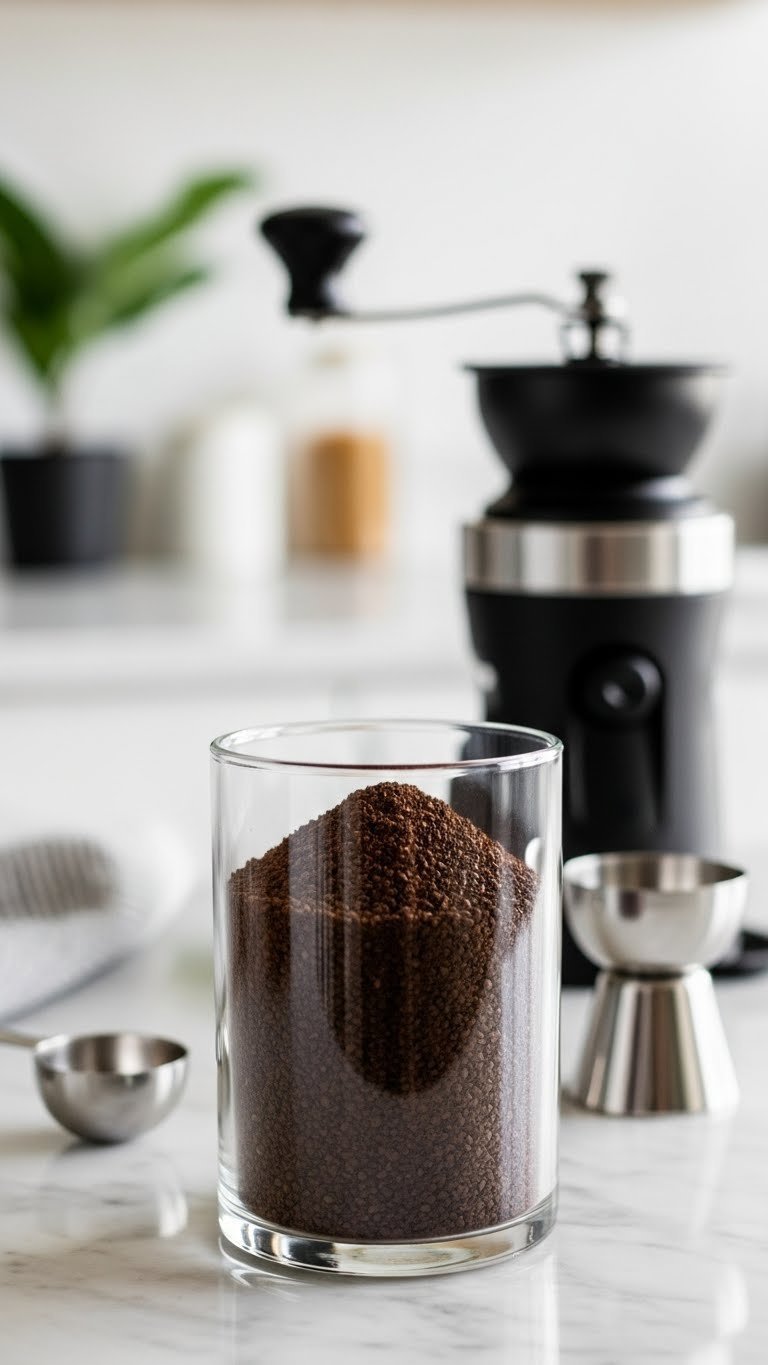 Fresh coarse coffee grounds collected in clear glass container with burr grinder in background on marble countertop