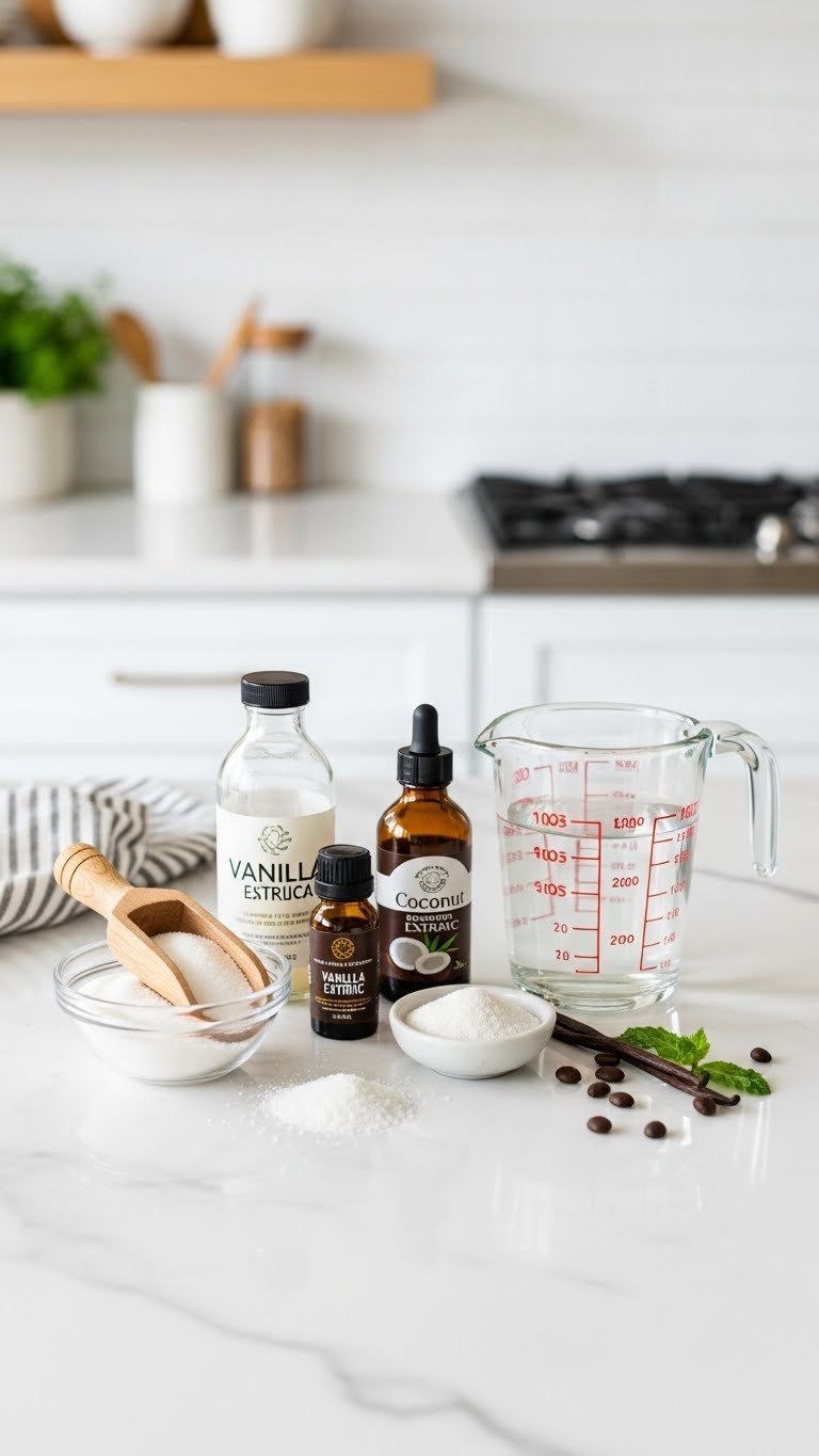 Fresh coconut coffee syrup ingredients including granulated sugar, coconut flakes, vanilla extract, coconut extract, and water arranged on white marble countertop