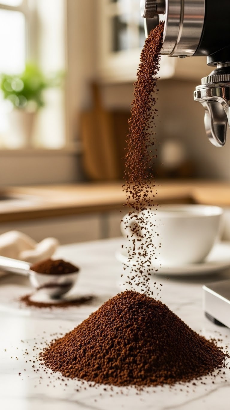 Fresh coffee grounds falling from burr grinder into catch bin with rich dark brown texture on marble countertop