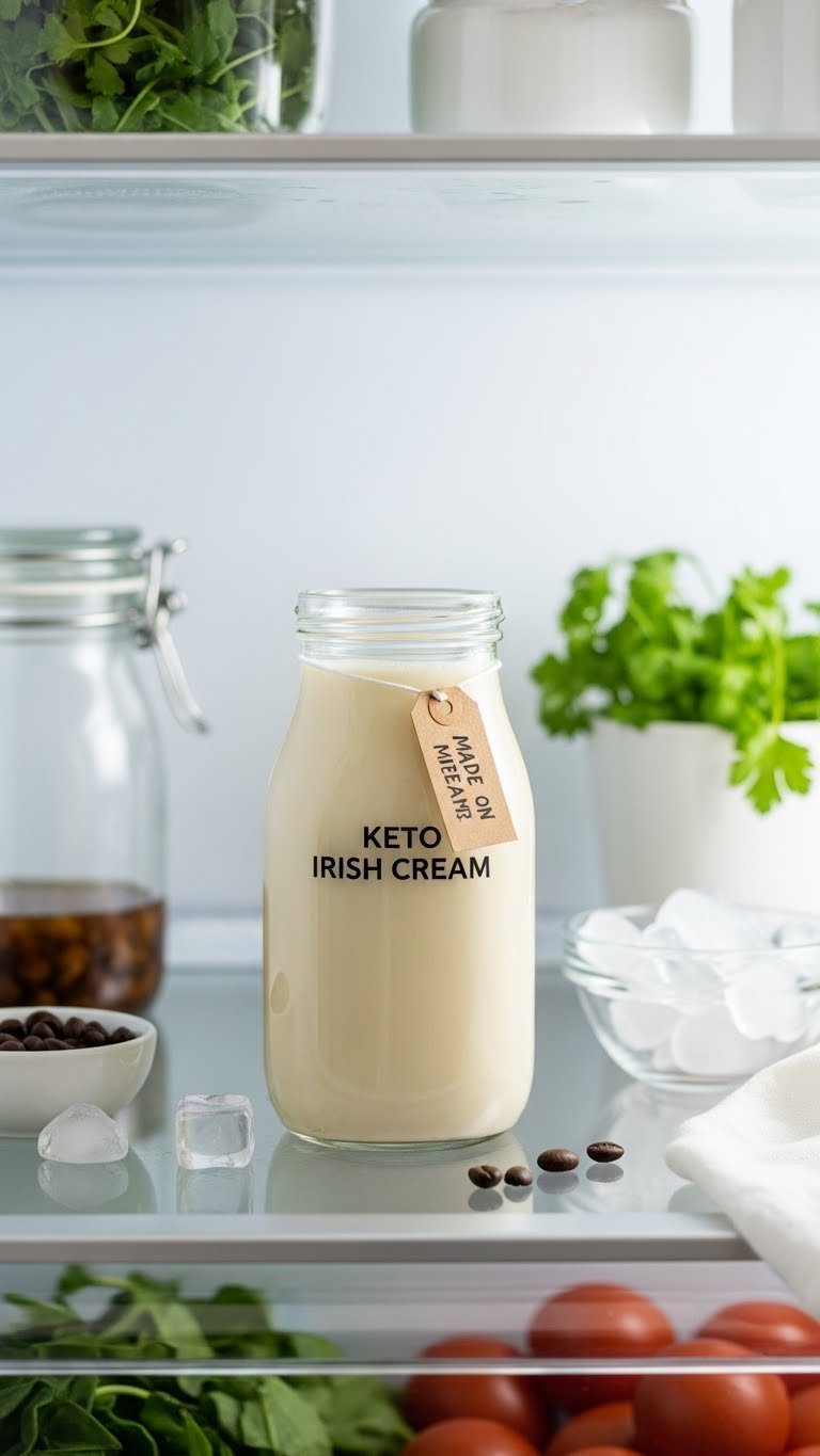 Fresh keto Irish cream in glass jar stored in organized refrigerator with ice cubes and coffee bean.