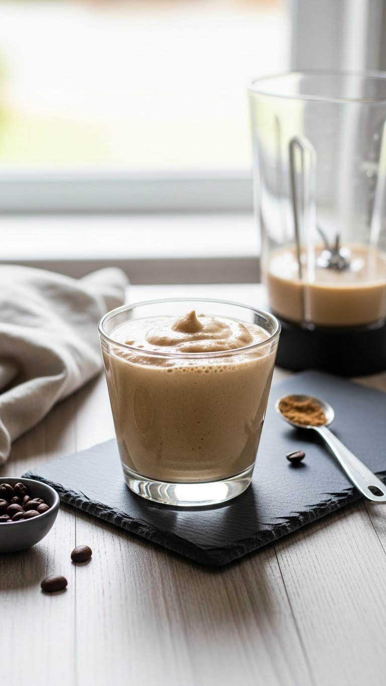Fresh keto coffee mousse in modern glass dessert cup with frothy top on slate board with blender background