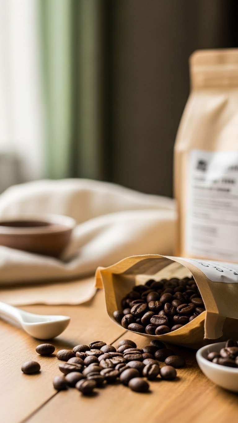 Fresh medium-dark roasted coffee beans on rustic wood, artisanal bag, smooth black coffee.
