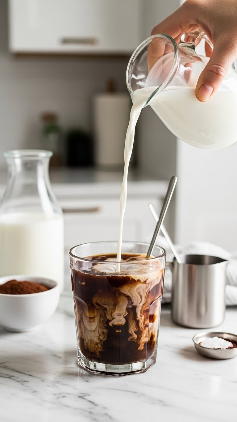 Fresh milk pouring into dark coffee-chocolate mixture creating marbled effect in clear glass on marble countertop