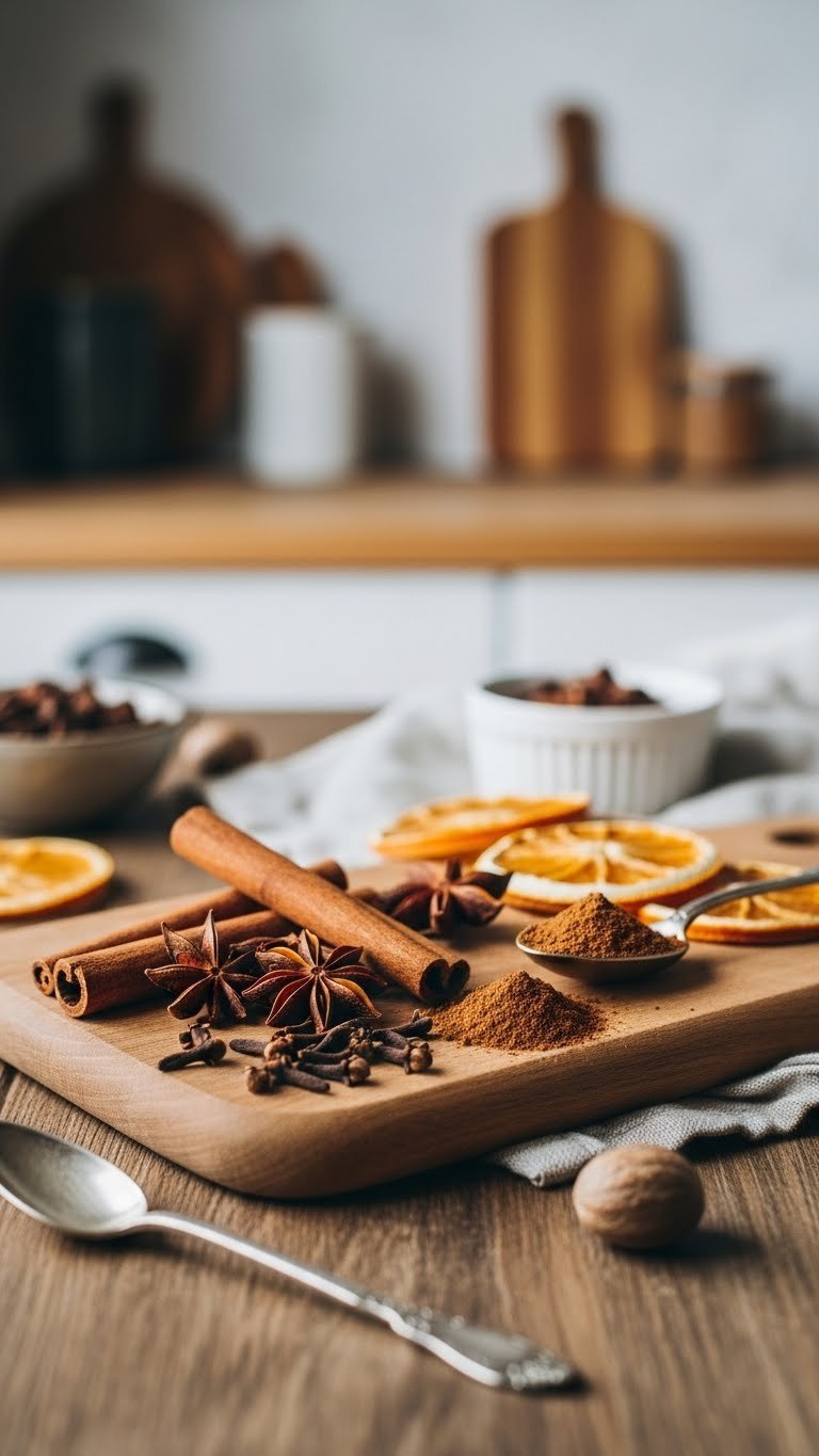 Fresh pumpkin coffee syrup spices including cinnamon sticks, star anise, cloves and nutmeg arranged on rustic wooden cutting board with vintage spoon and orange slices.