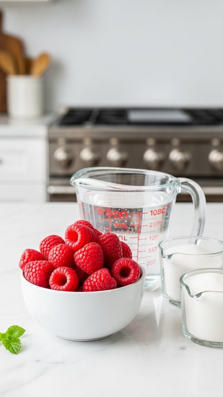 Fresh raspberries piled in white ceramic bowl with sparkling water and sugar for homemade raspberry coffee syrup ingredients