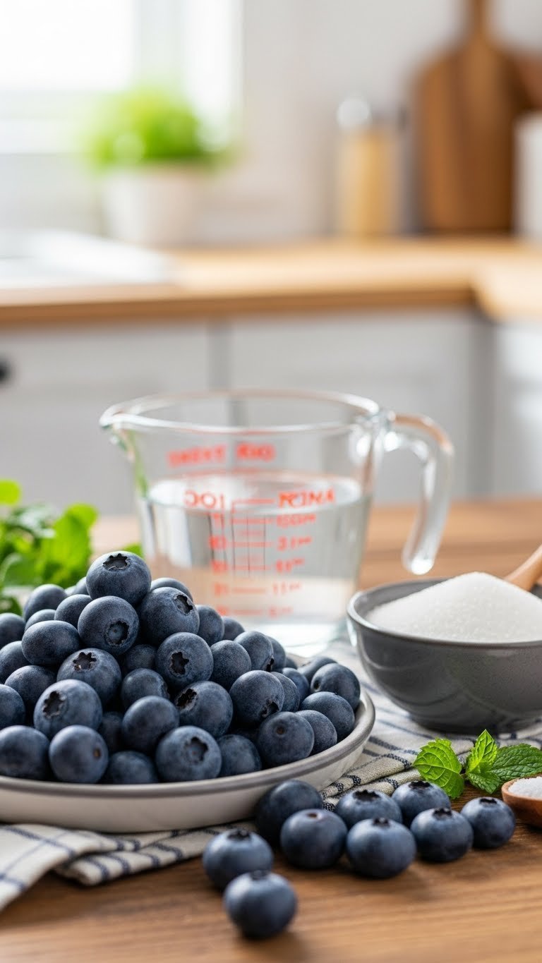 Fresh vibrant blueberries piled next to granulated sugar and water in glass measuring cup on rustic wooden table with soft natural lighting