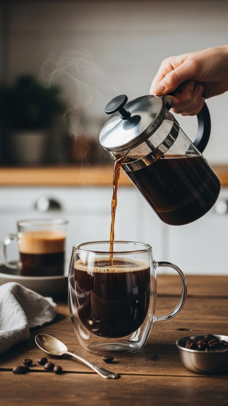 Freshly brewed black coffee being poured from French press into double-wall insulated mug steaming