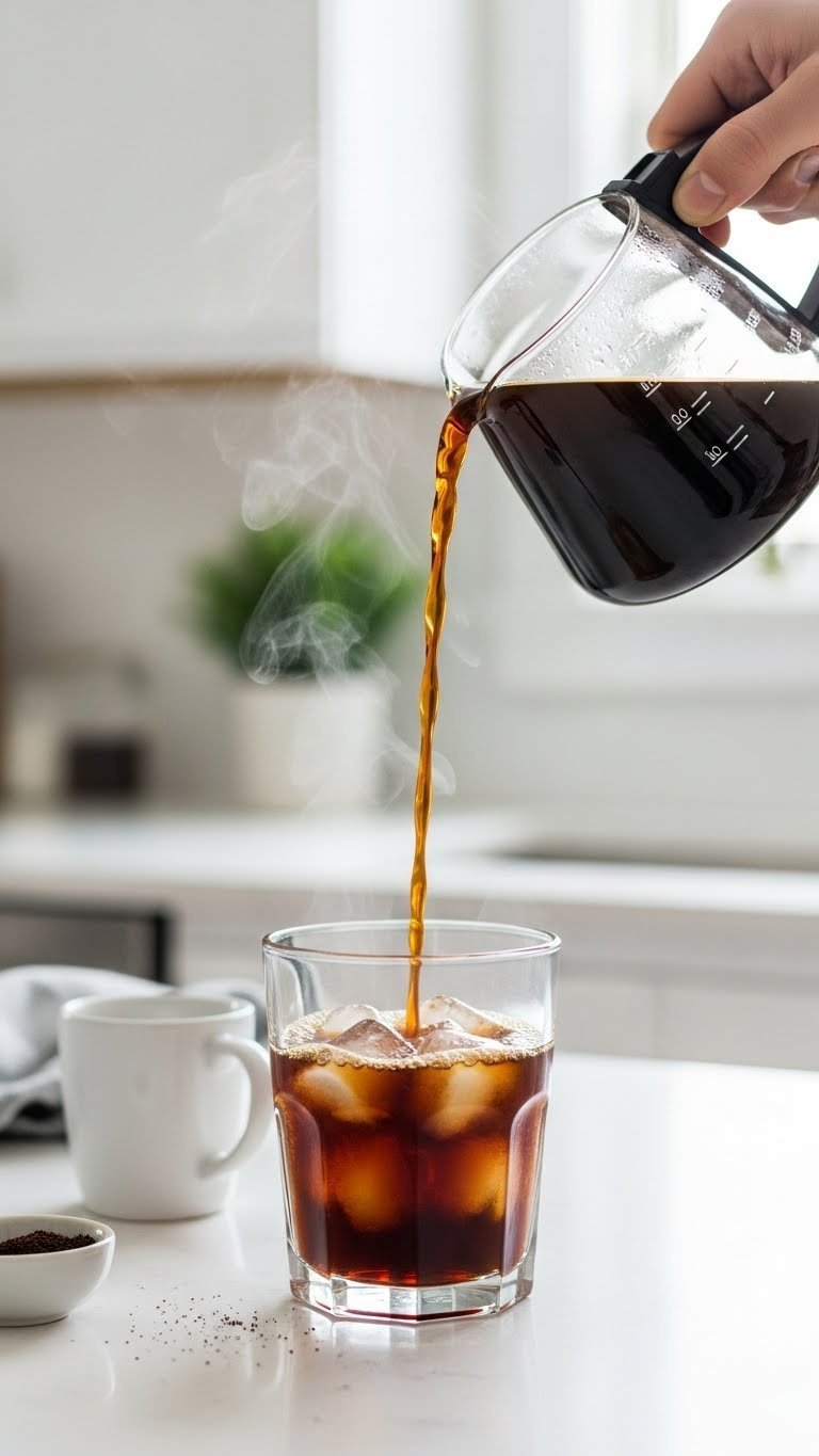 Freshly brewed decaf coffee pouring from drip coffee maker into ice-filled glass creating steam and condensation