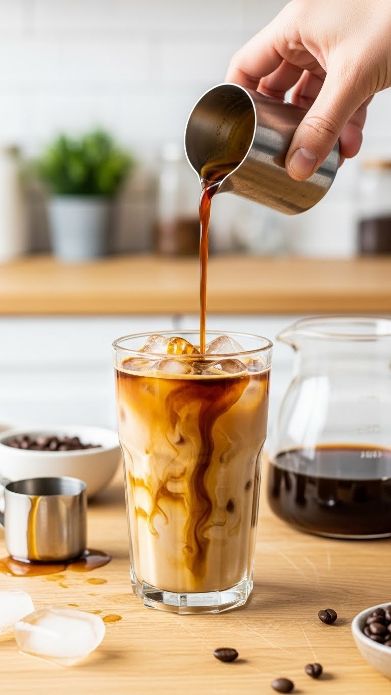 Freshly brewed espresso being poured over ice cubes in clear glass with brown sugar syrup swirling together