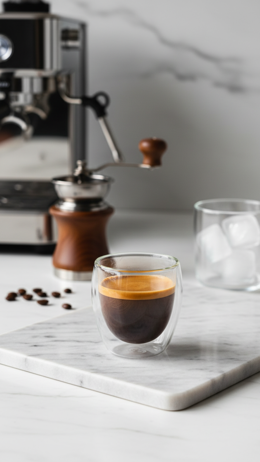 Freshly brewed espresso shot pouring into glass with coffee beans on marble countertop in bright daylight