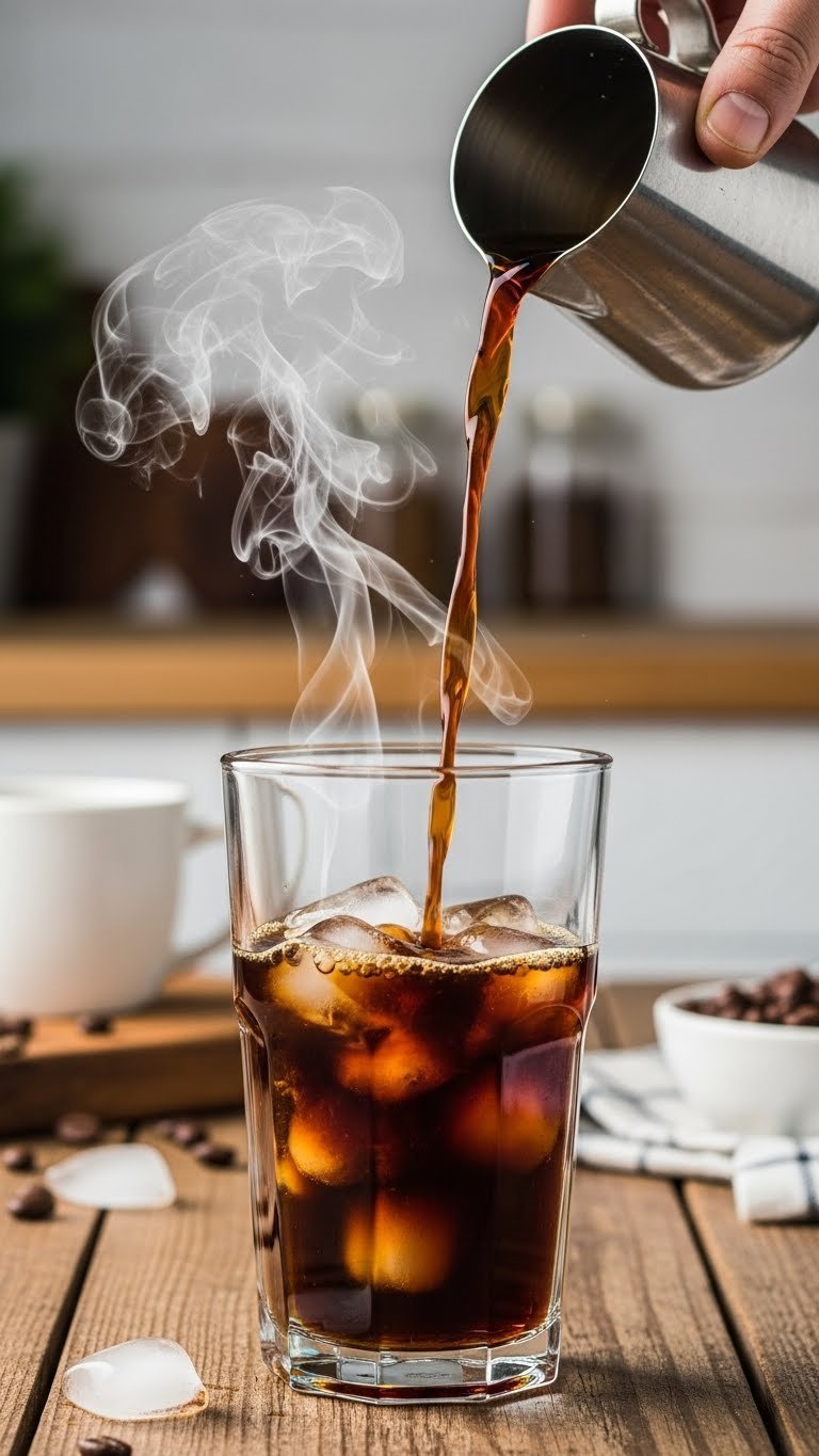 Freshly brewed hot coffee steaming into glass with ice cubes on rustic wooden table