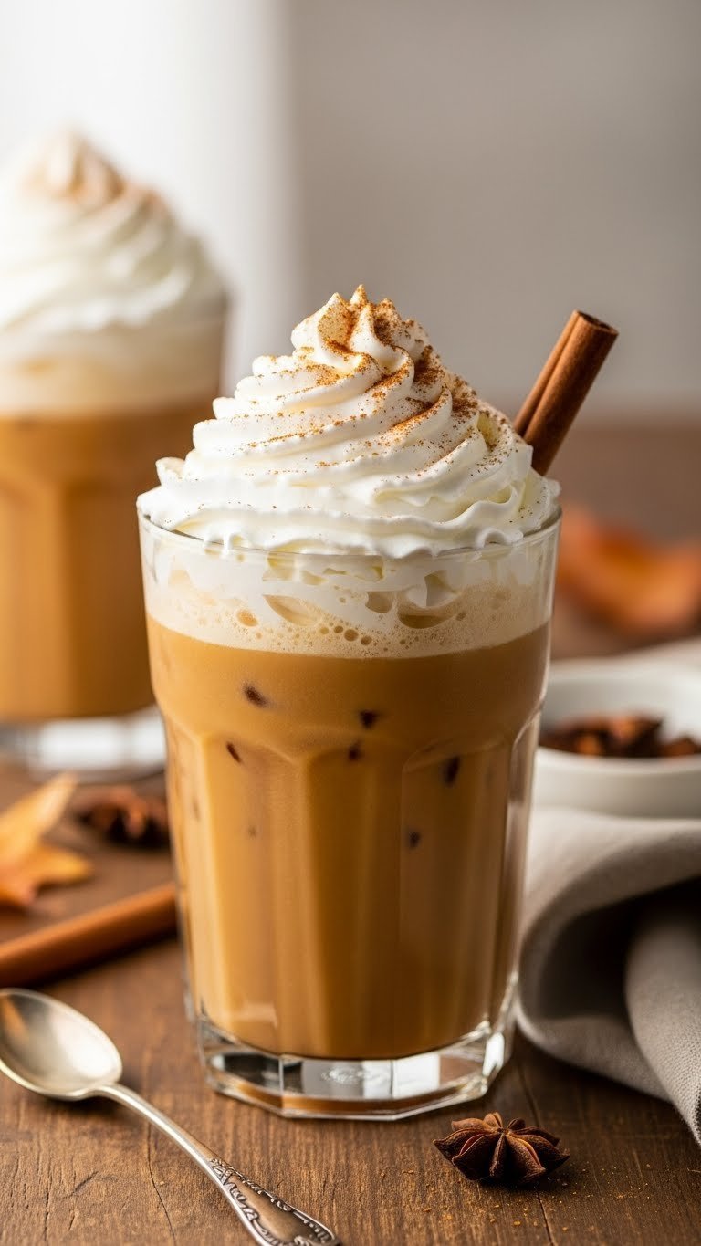 Freshly garnished pumpkin spice iced coffee with whipped cream swirl, cinnamon stick, and spice dusting in elegant glass.
