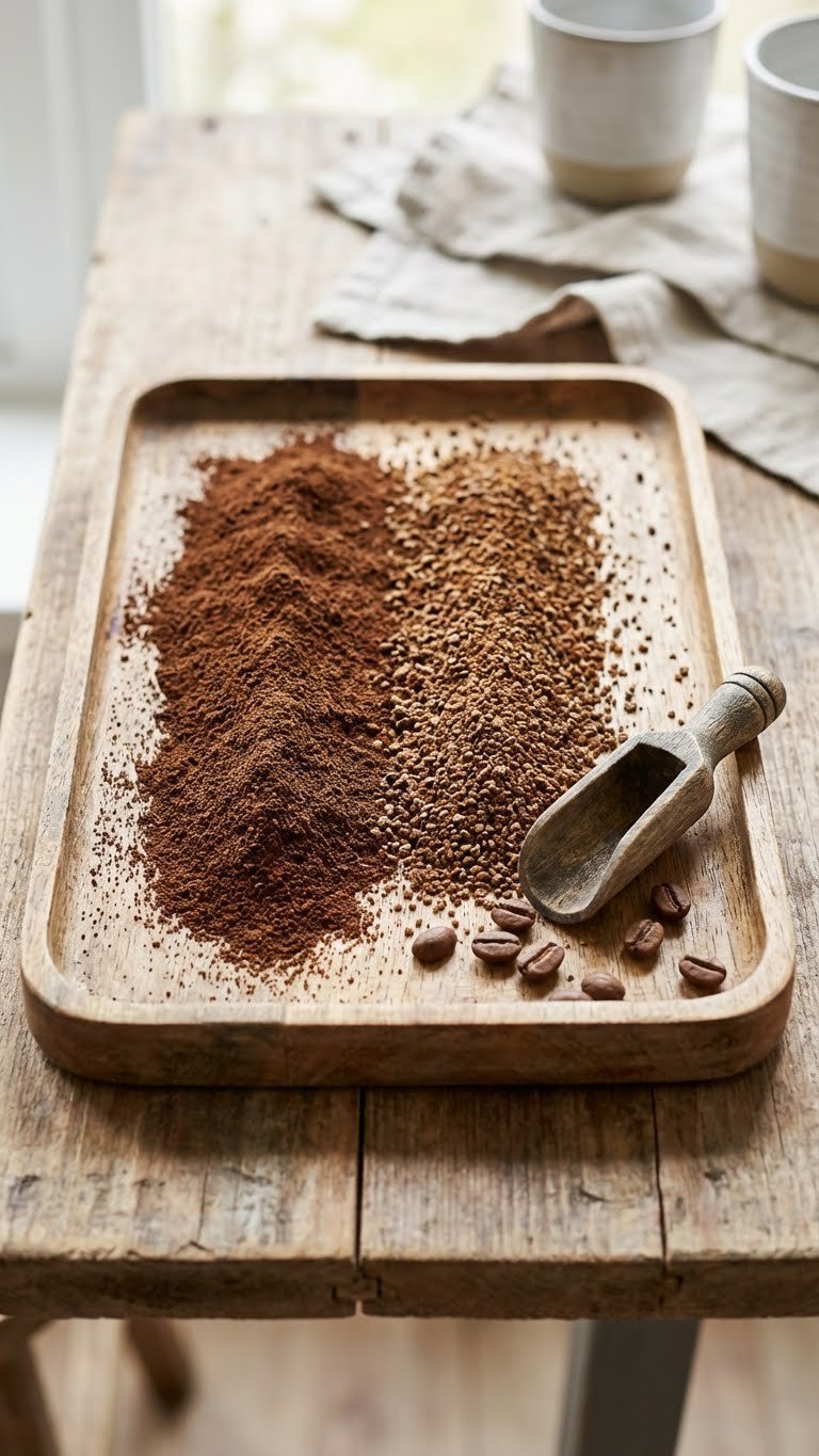 Ground Coffee Whipped: 9 Essential Tips for Dalgona Foam 3 Freshly ground coffee in varied textures, from fine to coarse, arranged on a rustic wooden tray with a coffee scoop.