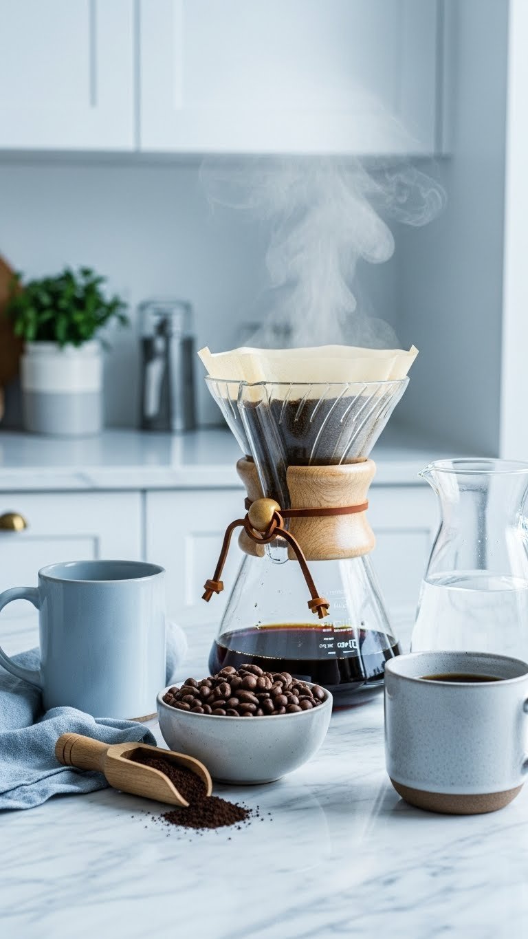 Freshly ground dark roast coffee beans next to modern brewing setup with ceramic mug and wooden scoop