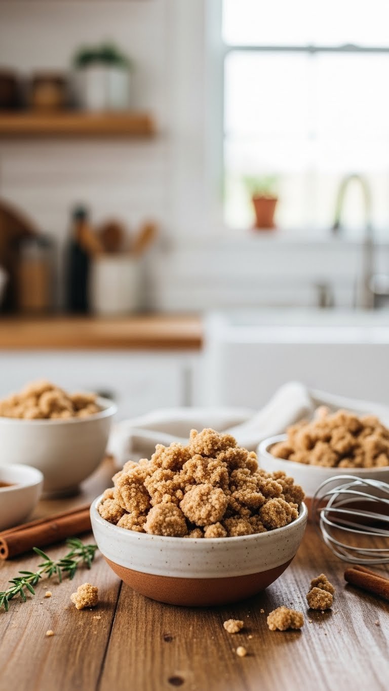 Freshly made keto cinnamon streusel topping in rustic ceramic bowl with golden brown crumbs and cinnamon specks